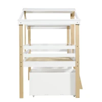 Children's Wooden Storage Bed with Safety Guardrail, Roof Design and Two Wheeled Storage Boxes, 196L x 98W x 158.5H cm, White+Natural(m-14)