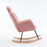Upholstered Tufted Teddy Fabric Rocking Chair with Headrest and Backrest, Wooden Frame, Painted Metal Base, 102L x 70W x 105H cm, Pink(m-11)