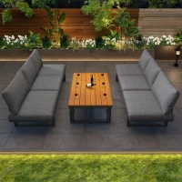 Outdoor Garden Furniture Set with 2 Sofas, Adjustable Wood Table, Galvanised Iron Frame, Cushions and Pillows, 250L x 186W x 76H cm, Grey(m-8)