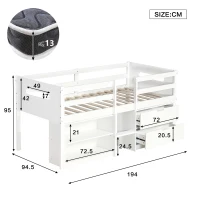 3ft Storage Bed with 2 Drawers and Compartments, Pine and Particle Board, for Children's Room - White(m-3)