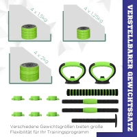 SPORTNOW Zestaw Hantli 4w1 20 kg - regulowana krótka sztanga & sztanga Kettlebell z uchwytami do pompek Zielony(m-5)