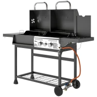 Outsunny Barbecue a Carbone e Gas con 3 Bruciatori e Coperchio, Termometro, Ruote e Ripiani, Nero(m-10)