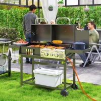 Outsunny Barbecue a Carbone e Gas con 3 Bruciatori e Coperchio, Termometro, Ruote e Ripiani, Nero(m-2)