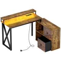 HOMCOM Escritorio Industrial con Luces LED y Estación de Carga con Patas Ajustables y Soporte en X 130x110x91 cm Madera Rústica