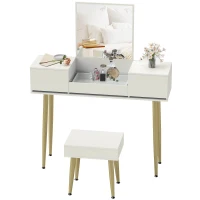HOMCOM Set Tavolo da Trucco con 3 Cassetti e Specchio con Sgabello da Trucco Portaoggetti, Bianco(m-10)