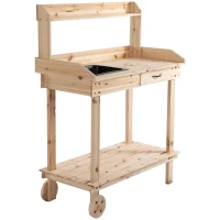 Outsunny Pflanztisch mit Schublade 2 Stufen Gärtnertisch mit waschbecken und Rollen Garten Tannenholz Natur 92 x 45 x 119 cm(m-14)