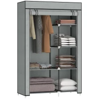 HOMCOM Armario de Tela Plegable Ropero Portátil con 6 Estantes y 1 Barra de Colgar para Dormitorio 103x43x162,5cm Gris(m-9)