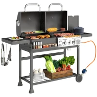 Outsunny Barbecue a Carbone e Gas con 3 Bruciatori e Coperchio, Termometro, Ruote e Ripiani, Nero(m-1)