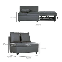 HOMCOM Sofá Cama 3 em 1 Sofá de 2 Lugares com Encosto Ajustável Sofá Cama Individual com Almofadas 65x98x69 cm Cinzento(m-3)
