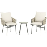 Outsunny Conjunto de Muebles de Jardín de Ratán Sintético con 2 Sillas con Cojines Extraíbles y Mesa con Tablero de Metal Gris(m-1)