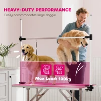 PawHut 42" Dog Grooming Table, Adjustable Pet Cat Drying Beauty Table with 2 Loops Storage Basket, Rubber Top, Pink(m-5)