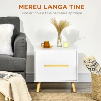 HOMCOM Noptiera moderna , noptiera cu 2 sertare, masuta laterala cu picioare din lemn masiv pentru living, dormitor, alb(m-4)