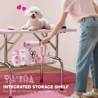 PawHut 42" Dog Grooming Table, Adjustable Pet Cat Drying Beauty Table with 2 Loops Storage Basket, Rubber Top, Pink(m-8)