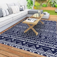 Outsunny Reversible Outdoor Rug with Carry Bag, Waterproof Plastic Straw Mat for Garden, Deck, RV, Picnic, Beach, Camping, 182 x 274cm, Dark Blue and White(m-10)