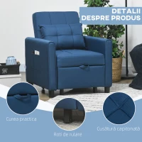 HOMCOM Fotoliu Pat Individual cu Spătar Reglabil pe 3 Nivele, 2 Roți și Pernă din Țesătură, 69x82x85 cm, Albastru(m-7)