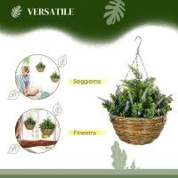 Outsunny Set 2 Piante Finte di Lavanda con Vaso e Gancio, in PE e Vimini, Ø25x34 cm, Verde e Viola(m-5)