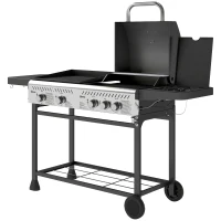 Outsunny Barbecue a Gas con Piastra e Fornello, Coperchio con Termometro e Ripiani, Regolatore e Tubo Inclusi, Nero(m-10)