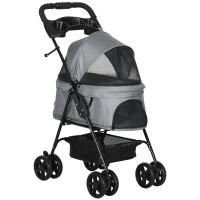PawHut Carrito para Perros Pequeños con Ruedas Universales Cesta de Almacenaje Correas de Seguridad y Ventanas 67x45x96 cm Gris(m-1)