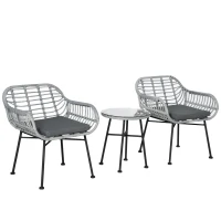 Outsunny Set Mobili da Giardino in Rattan PE con 2 Sedie e Tavolino con Ripiano in Vetro, Grigio(m-10)