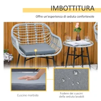 Outsunny Set Mobili da Giardino in Rattan PE con 2 Sedie e Tavolino con Ripiano in Vetro, Grigio(m-7)