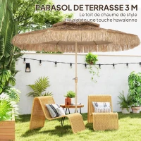 Outsunny Parasol de jardin extérieur en paille Ø 294 cm parasol droit mat 8 baleines en métal protection UV avec manivelle jaune(m-8)