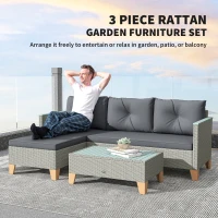 Outsunny 3 Pieces Rattan Garden Furniture Set, L Shaped Garden Conversation Chaise Lounge Furniture with Wood Top Coffee Table and Thick Cushions, Charcoal Grey(m-4)