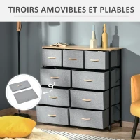 HOMCOM Commode 9 tiroirs meuble de rangement tiroir en tissu pliant - structure acier noir - 100 x 30 x 100 cm, chêne et gris(m-6)