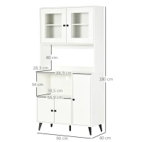 HOMCOM Armoire de cuisine avec 3 placards, niches, étagères réglables, portes vitrées, passe-câble, 90x40x180cm, blanc(m-3)
