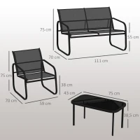 Outsunny Salon de jardin extérieur 5 pièces en acier et textilène avec canapés, 2 fauteuils et table basse en verre trempé, gris(m-3)
