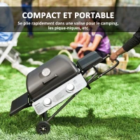 Outsunny Barbecue gaz transportable, 2 brûleurs 5,6 kW, barbecue gaz de camping avec étagères latérales thermomètre et roues, noir(m-4)