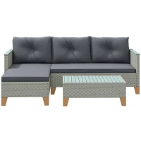 Outsunny 3 Pieces Rattan Garden Furniture Set, L Shaped Garden Conversation Chaise Lounge Furniture with Wood Top Coffee Table and Thick Cushions, Charcoal Grey(m-11)