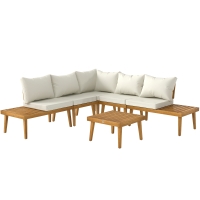 Outsunny Salon de jardin extérieur 5 places modulable en bois d'acacia, canapé d'angle extérieur avec table basse et coussins