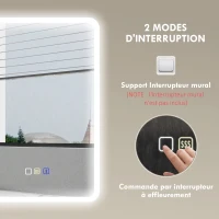 HOMCOM Miroir salle de bain LED bluetooth 70 x 90 cm interrupteur tactile lumière réglable 3 couleurs anti-buée mémoire argent(m-9)