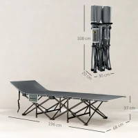 Outsunny Pat de Camping Pliabil cu Tetieră Înclinată și Saltea Detașabilă, 68x196x37 cm, Negru(m-3)