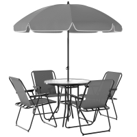 Outsunny Conjunto de Mesa e Cadeiras de Jardim de 6 Peças com 4 Cadeiras Dobráveis Mesa de Vidro e Chapéu de Sol Cinzento