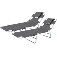 Outsunny Foldable Sun Lounger Set of 2, Beach Chaise Lounge with Reading Hole, Arm Slots, 5-Position Adjustable Backrest, Side Pocket, Pillow for Garden, Beach, Pool, Dark Grey(m-11)