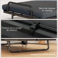 HOMCOM Lit pliant 1 personne 188 x 76 cm, lit d'appoint pliable avec matelas de 7 cm sur roulettes, charge de 150 Kg, gris(m-8)