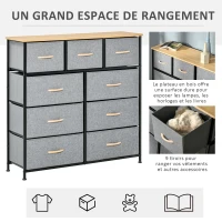 HOMCOM Commode 9 tiroirs meuble de rangement tiroir en tissu pliant - structure acier noir - 100 x 30 x 100 cm, chêne et gris(m-5)