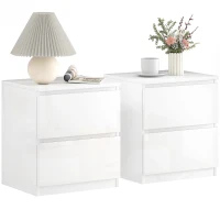 HOMCOM Set de 2 Mesitas de Noche con 2 Cajones Mesa Auxiliar para Dormitorio Salón 40x34x45 cm Blanco Brillo(m-10)