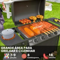 Outsunny Barbecue a Gás com 4+1 Queimadores 12 kW Termómetro Mesa Lateral Grelha Recolhedor de Gordura 2 Rodas  121x54x97 cm Preto(m-4)