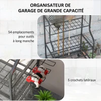 Outsunny Organiseur d'outils de jardin, support à outils de jardin 54 emplacements 5 crochets en acier sur roues 3 niveaux noir(m-4)