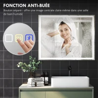 HOMCOM Miroir salle de bain LED bluetooth 80 x 100 cm interrupteur tactile lumière réglable 3 couleurs anti-buée mémoire argent(m-7)