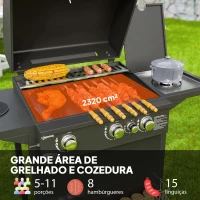 Outsunny Barbecue a Gás com 3+1 Queimadores 8,5 kW Termómetro Mesa Lateral Grelha Recolhedor de Gordura 2 Rodas 123x57x98 cm Preto(m-4)