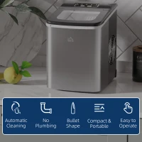HOMCOM Ice Maker Machine Countertop, 9 Ice Cubes in 8 Mins, 12KG in 24Hrs, Self-Cleaning Portable Ice Cube Maker w/ Adjustable Ice Size, Ice Scoop, Basket, Stainless Steel, No Plumbing Required, Black(m-4)