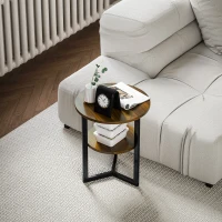 HOMCOM Table d'appoint ronde, bout de canapé industriel avec étagères de rangement et cadre en acier, Ø 40 x 48 cm, marron(m-7)