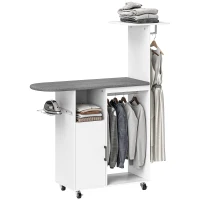 HOMCOM Móvel de Engomar Roupa com Rodas e Suporte Lateral Móvel com Tábua de Passar Barra para Roupa Prateleira 127,5x43,5x153 cm Branco(m-10)