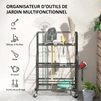 Outsunny Organiseur d'outils de jardin, support à outils de jardin 54 emplacements 5 crochets en acier sur roues 3 niveaux noir(m-6)