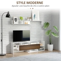 HOMCOM Ensemble meuble TV avec banc et étagère murale style contemporain 153,6L cm - blanc et marron(m-4)