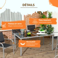 Outsunny Ensemble de jardin 6 chaises + 1 table en acier salon de jardin 7 pièces chaises empilables plateau en verre trempé noir(m-6)