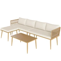 Outsunny Conjunto de Jardim de Vime Sintético de 4 Peças com 2 Sofás de 2 Lugares 1 Apoio para os Pés 1 Mesa de Centro Madeira e Creme(m-11)